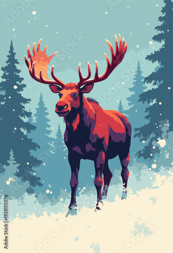 moose blizzard, rendered sharp, crystalline geometric shapes colors are icy blue revolutionary red Blank snowy area