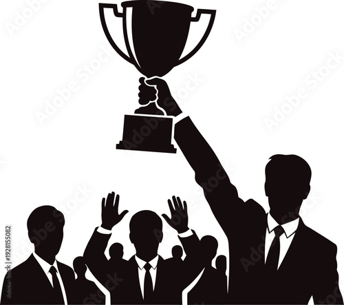 Businessmen celebrating victory holding trophy above heads in office