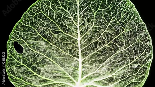 Close look at a green leaf showing its veins and structure against a dark background during daylight hours