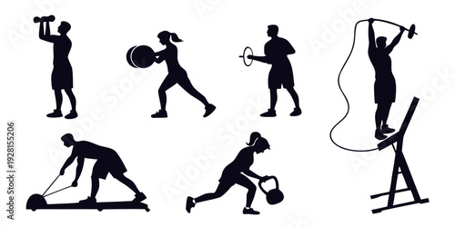 Illustrations of various exercise activities and equipment. Vector