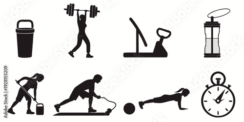 A variety of exercises and fitness equipment for a balanced workout routine Vector