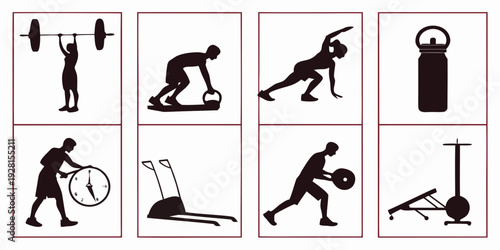 Illustrations of various exercises and fitness equipment for a balanced workout routine Vector