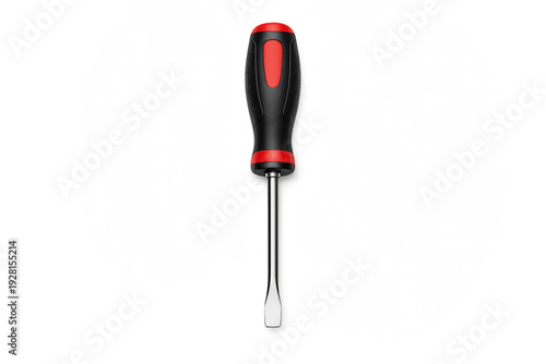 Flathead screwdriver with black and red ergonomic handle isolated on black background