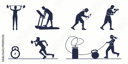 Illustrations of various exercises and activities for fitness and well-being Vector