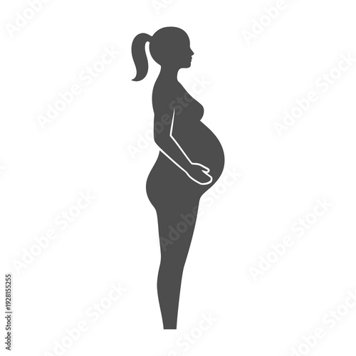 Silhouette of pregnant woman standing in profile view showcasing baby bump minimalist design in grayscale emphasizing motherhood and maternity