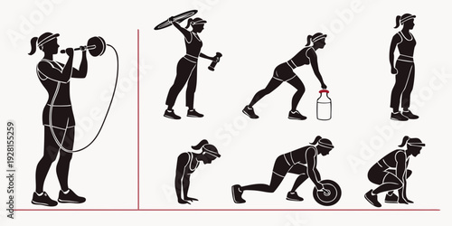 Illustration of various yoga poses and exercises for flexibility and strength. Vector