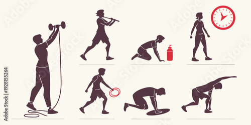 Illustration of a person performing various exercises with a red cross over an incorrect one Vector