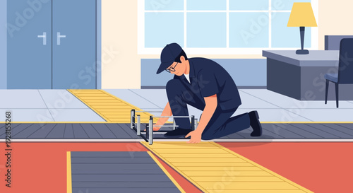 Man Installing Flooring with Machine.