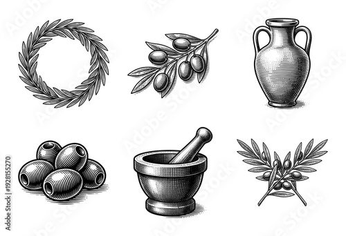 Vintage woodcut style engraving collection featuring olive branches, wreath, amphora vase, pitted olives, and mortar with pestle for culinary and Mediterranean themes.