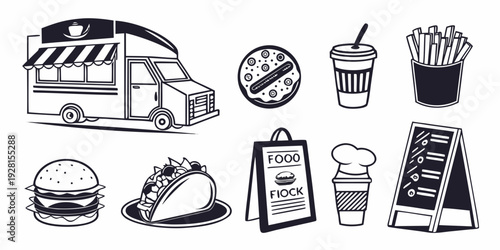 A variety of food and drink items including sandwiches, beverages, and desserts Vector