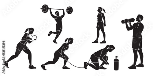 A series of illustrations depicting people performing various weightlifting exercises Vector