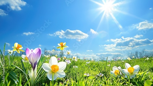 A peaceful early spring scene with flowers like crocuses and daffodils beginning to bloom under a clear blue sky.