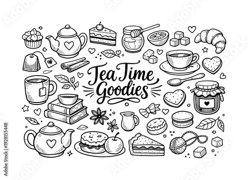 Tea Time Doodle. Cozy tea time goodies, hand drawn doodle elements set, center hand-lettered title, black & white vector line art,