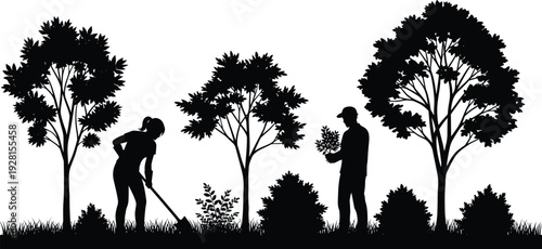 Gardening silhouette scene, man and woman planting trees, garden work, nature landscape, outdoor activity, black vector illustration