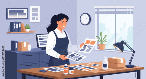 Woman Examining Papers at Office Desk.