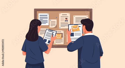 Business Professionals Reviewing Documents on Bulletin Board.