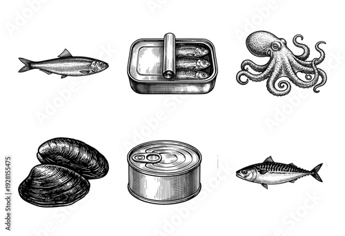 Vintage woodcut style seafood collection featuring mackerel herring octopus mussels and canned fish illustrations in black ink line art