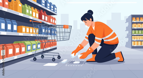 Female Warehouse Worker Organizing Products on Floor.