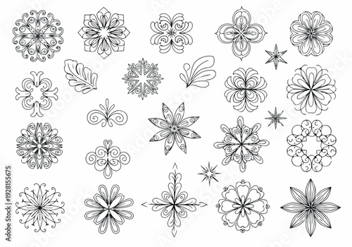 Intricate Floral and Starburst Ornaments with Decorative Flourishes for Design Elements