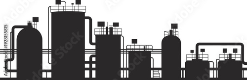 Black and white industrial equipment with interconnected tanks and pipes in a factory setting