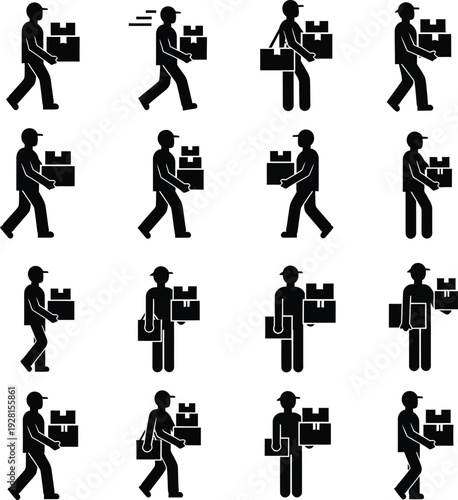 Office worker icon set, includes 12 people carrying briefcases and boxes, walking, running, and moving. Created in solid black style with white background.