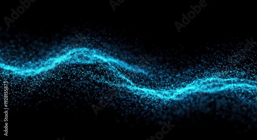 Illuminated wave pattern comprised of glowing particles flows horizontally across a dark background