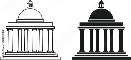 Government capitol building icon set, classical dome architecture with columns courthouse silhouette black and white vector illustration