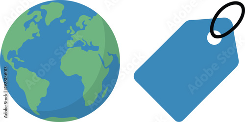 Global trade and international commerce vector illustration with earth globe and price tag icon on white background