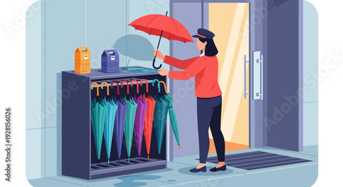 Woman holding red umbrella entering store.