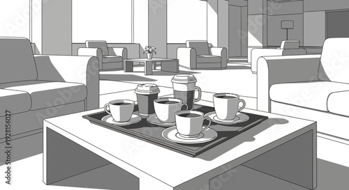 Coffee Cups and Saucers on Table.