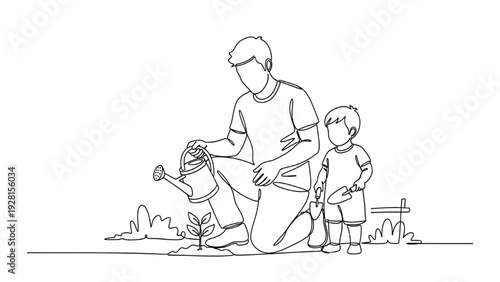Black Continuous Line Art Father Gardening with Child | One Line Family Nature Activity Illustration