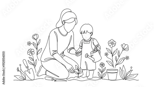 Black Continuous Line Art Mom Teaching Child Gardening | One Line Family Learning Illustration