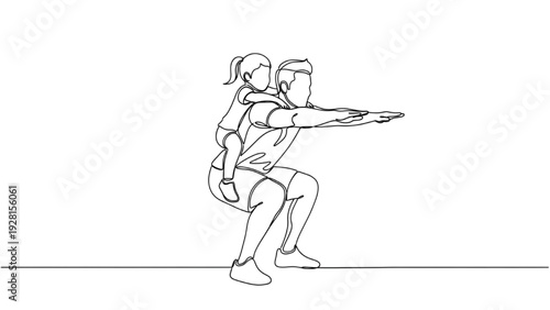 Black Continuous Line Art Dad Training with Daughter | One Line Family Exercise Illustration