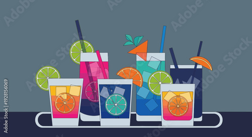 Colorful Cocktails with Fresh Fruit Garnishes.