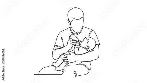 Black Continuous Line Art Father Feeding Child | One Line Parenting Care Illustration