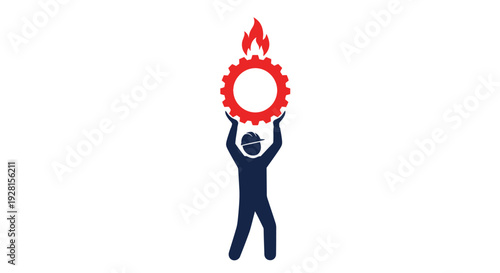 Man holding flaming gear above head.