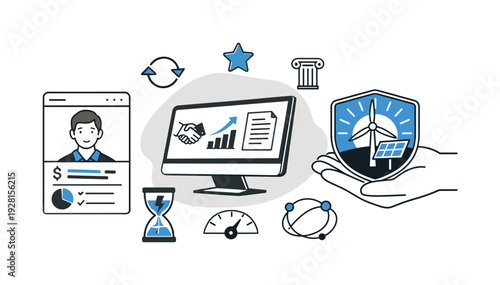 Modern minimal flat vector conceptual collage, crisp hard edges, consistent THIN outline stroke, rounded corners where needed,