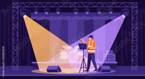 Photographer Adjusting Camera on Studio Stage.