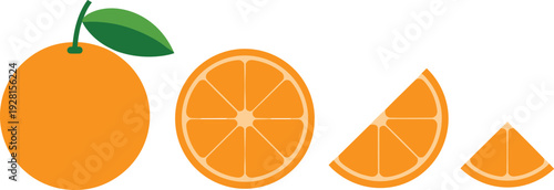 Fresh orange fruit vector set with whole citrus and sliced segments in flat design style isolated on white