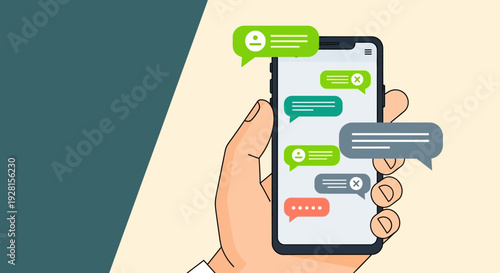 Hand holding smartphone with messaging app.