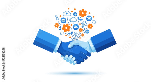 Hands Shaking with Technology Icons Emerging.