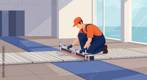 Worker Installing Flooring Tiles with Tool.