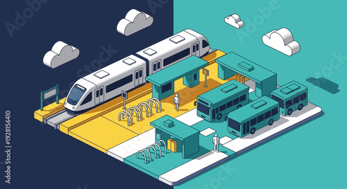 Isometric Train Station with Vehicles and Buildings.