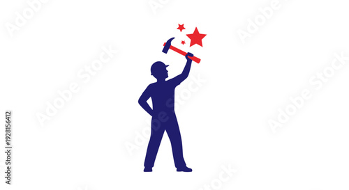 Man holding hammer and red star.
