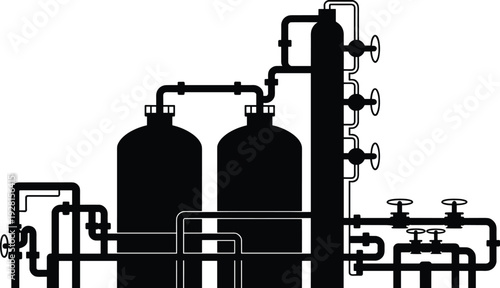 Black and white of industrial water filtration system with tanks and pipes