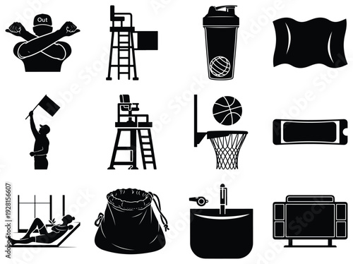 Black and white of sports and fitness equipment and activities