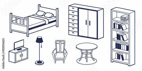 A variety of office furniture and equipment arranged in a workspace setting. Vector