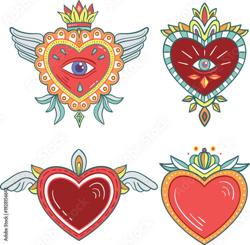 Traditional tattoo style romantic heart and floral elements vector