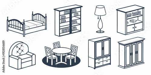 A diverse collection of furniture items including beds, wardrobes, and lamps. Vector