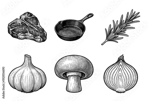 Vintage engraving style collection of steak house ingredients featuring t-bone beef, cast iron skillet, rosemary, garlic bulb, mushroom, and onion.